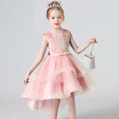 Summer Sequin Lace Tuxedo Wedding Dress for girls 3-13 years old Sleeveless fluffy Mesh gauze Doveark brand