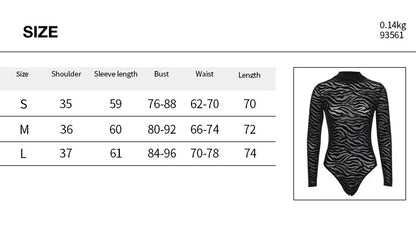 Black Striped Sexy Bodysuit Lingerie See Through Mesh Body Feminino Long Sleeve One-pieces Bustier Turtleneck Corset Tops Women