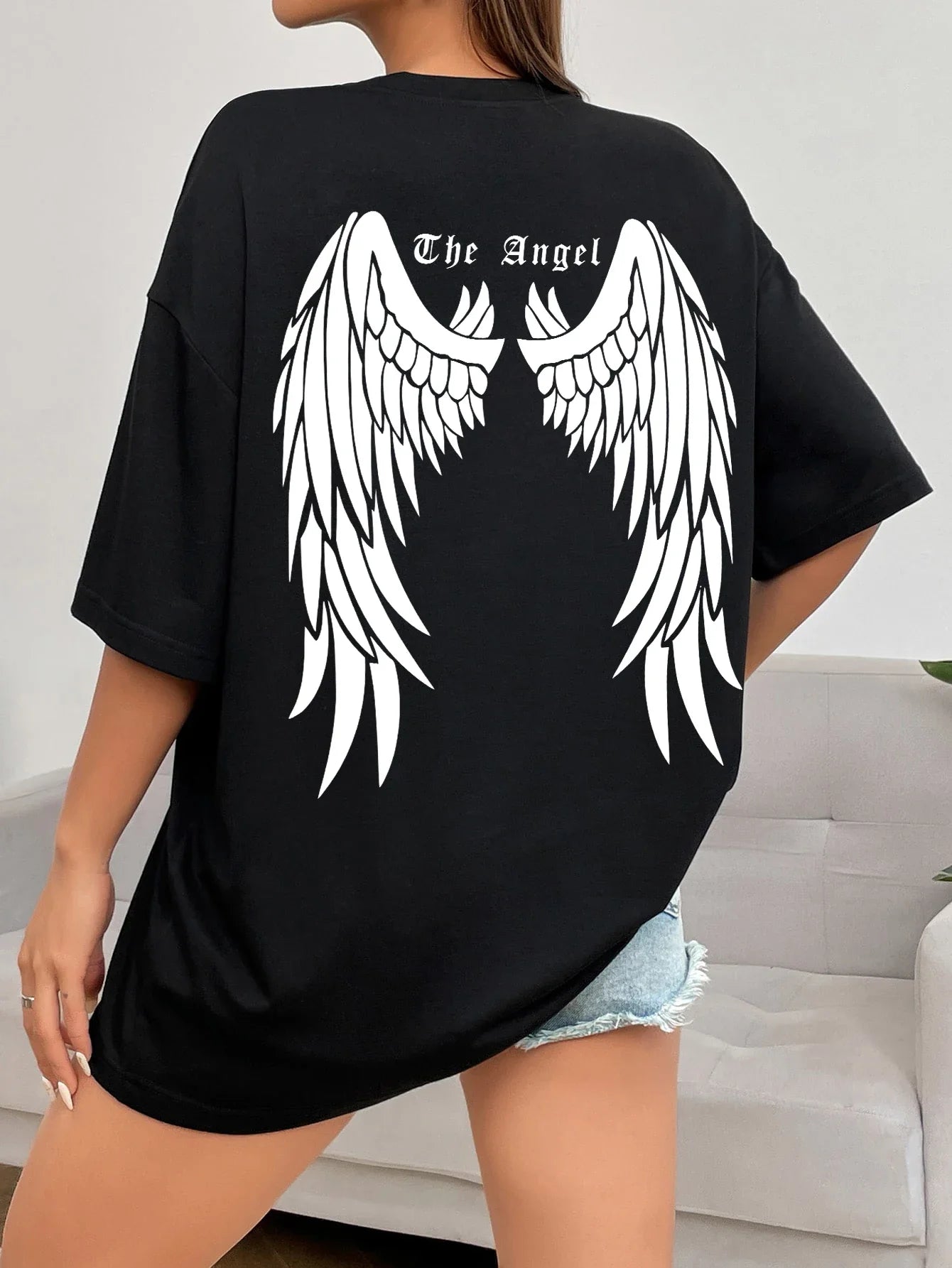 Camisetas estampadas de asa de anjo preta venda quente para mulheres, roupas largas oversized, camiseta de rua hip hop, algodão, manga curta