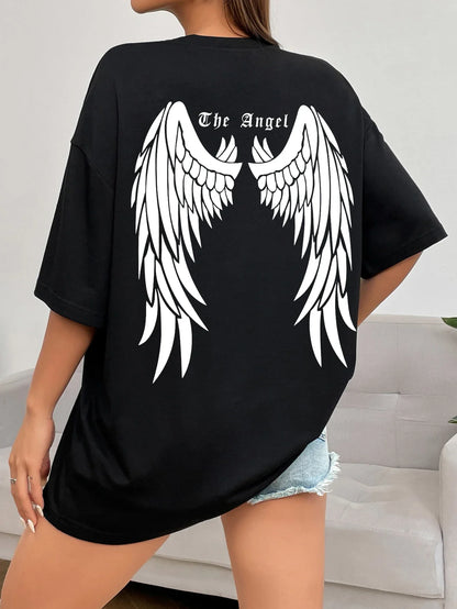 Camisetas estampadas de asa de anjo preta venda quente para mulheres, roupas largas oversized, camiseta de rua hip hop, algodão, manga curta