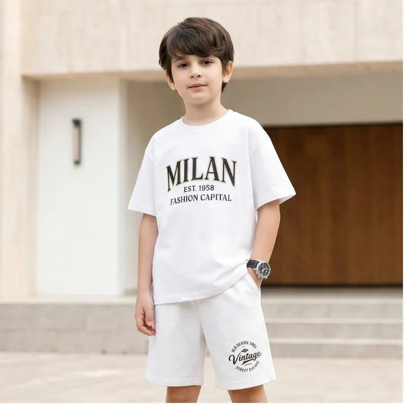Summer Boys Cotton T-Shirt Shorts Set Casual Kids Milan Graphic Print Short Sleeve Suit Children's Outfit 2026 ML1