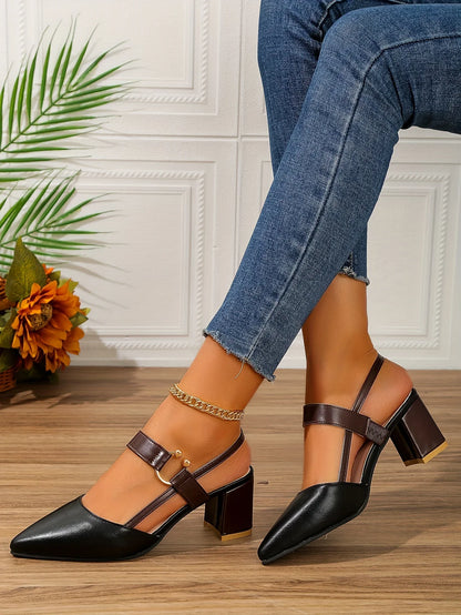 Women's Pointed Toe Block High Heel Sandals, Fashion Solid Color Slingback Shoes, Versatile Mid Heels