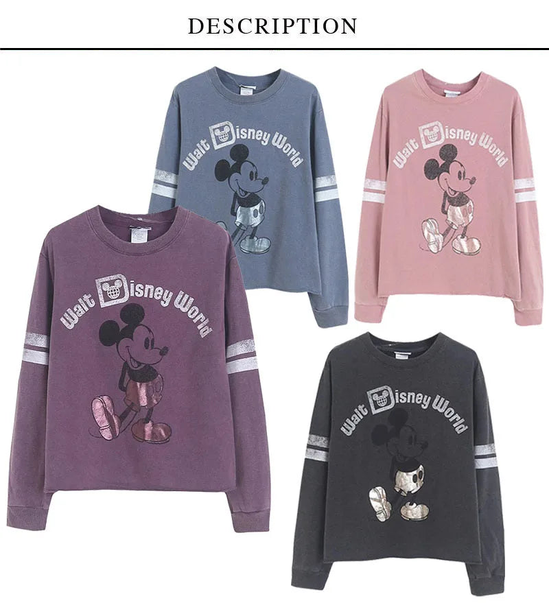 Retro Distressed Sweatshirt Women Mickey Mouse Casual Pullover Tops O Neck Long Sleeve Jumper Streetwear