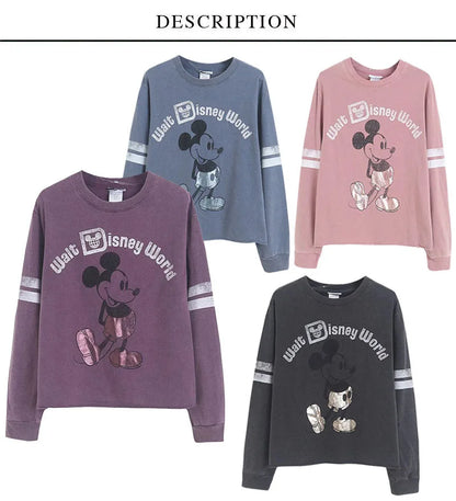 Retro Distressed Sweatshirt Women Mickey Mouse Casual Pullover Tops O Neck Long Sleeve Jumper Streetwear