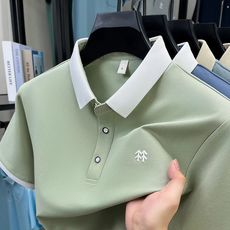 Designer brand silk cotton short sleeve polo shirt summer new Korean casual men's T-shirt fashion embossed soft breathable top