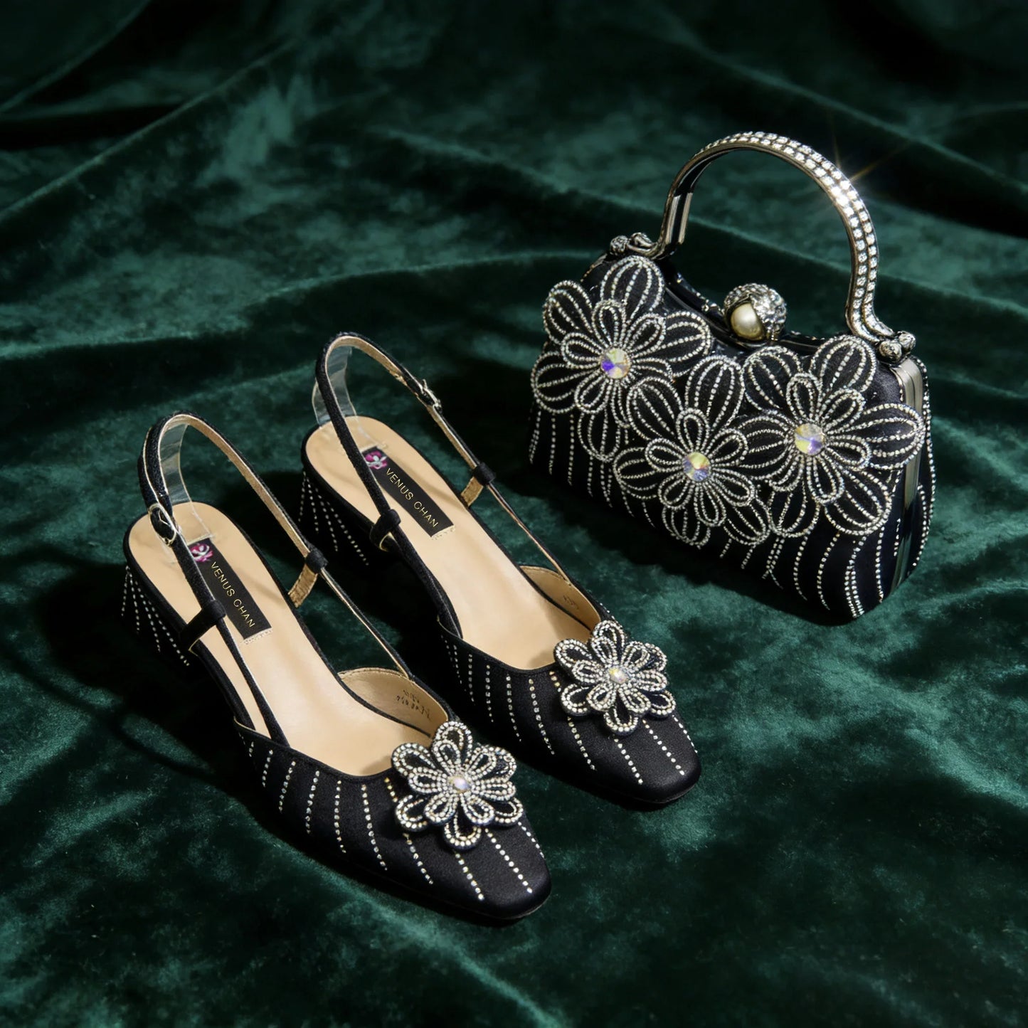 Party Shoes And Bag Ladies Heel Decoration Pure Elegant Flower Wedding Shoes And Bag Full rhinestone Fashion Handbag