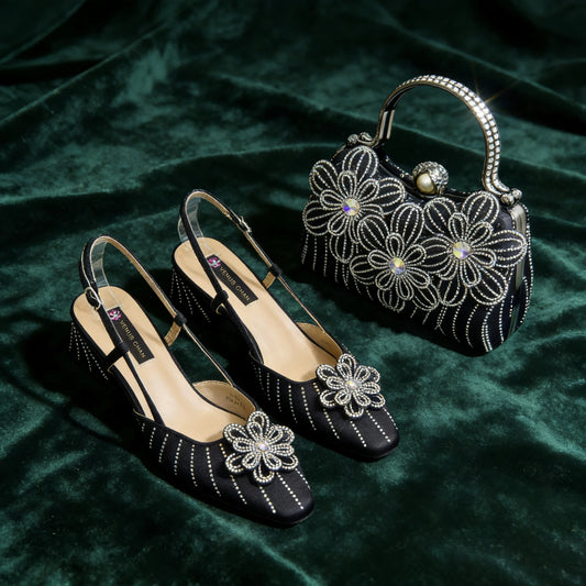 Party Shoes and Bag Ladies Heel Decoration Pure Elegant Flower Wedding Shoes and Bag Full Rhinestone Fashion Handbag