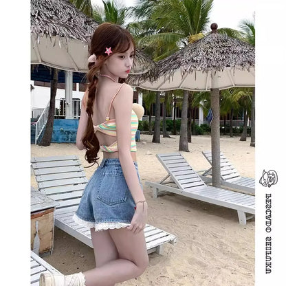 Fashion Sweet Denim Shorts Cartoon Embroidery Lace Patchwork High Waist Jeans Summer All Match Preppy Style 2025 Women Clothing