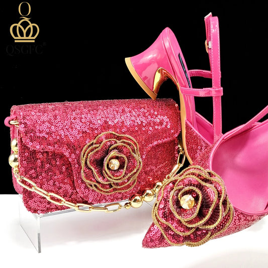 Fashion Design Shoes and Bag Nigerian Wedding Handmade Flowers Bags with Shoes Ladies Shoes Commuting or Daily Shoes