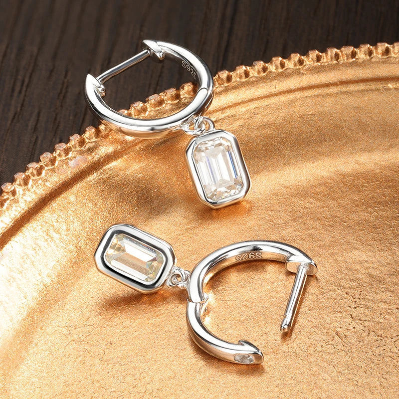 D VVS Emerald Moissanite Drop Earrings for Women GRA Certified Solid 925 Silver Plated 18k White Gold Hoop Drop Earring