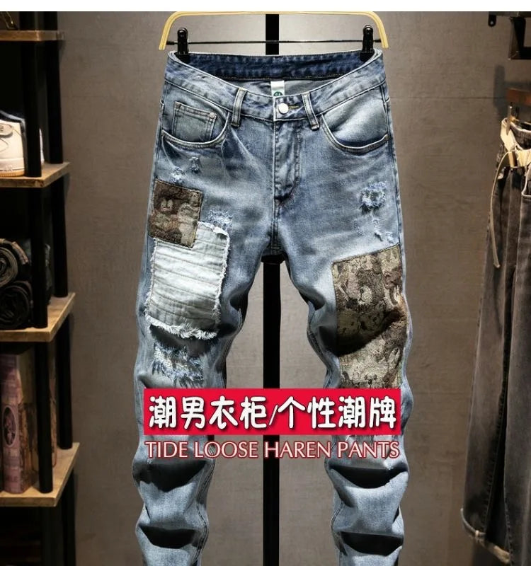2023 Spring and Autumn New Fashion Trend Ripped Elastic Slim Legs Men's Casual Comfortable Breathable High-Quality Jeans 28-36