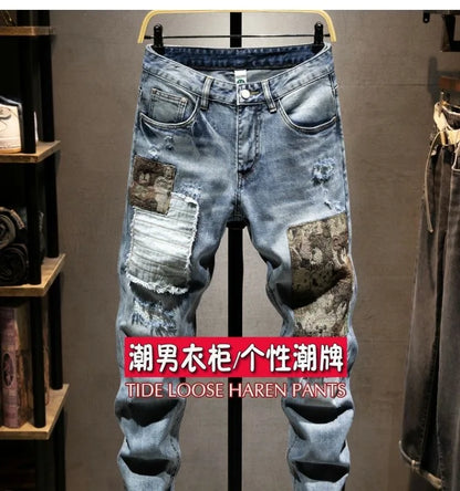 2023 Spring and Autumn New Fashion Trend Ripped Elastic Slim Legs Men's Casual Comfortable Breathable High-Quality Jeans 28-36