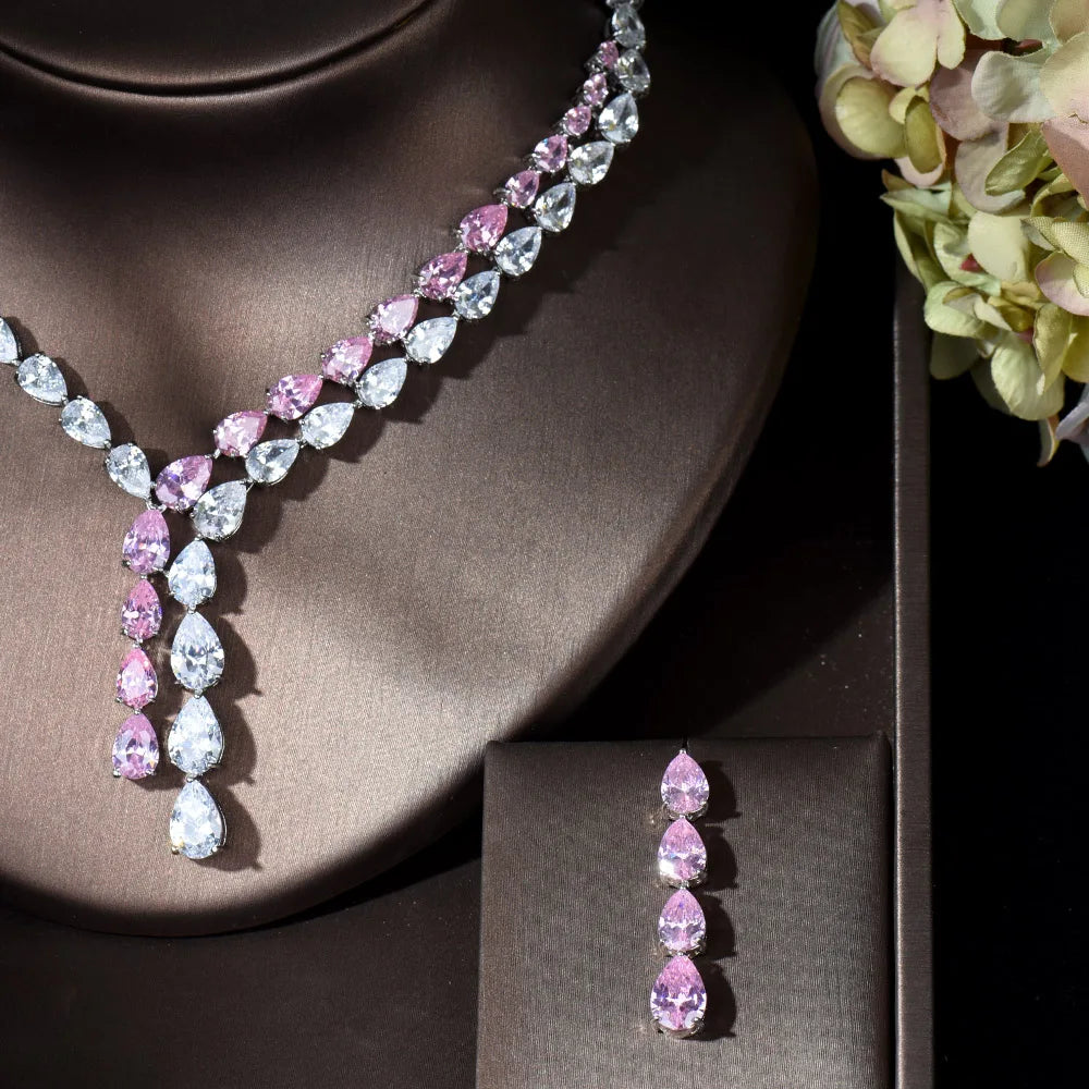 Clear Best Quality Brilliant Crystal Zircoina Earrings And Necklace Bridal Jewelry Set Wedding Dress Accessories N-1453