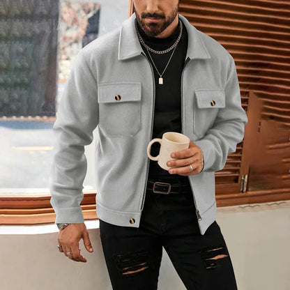 Polyester Brushed Short Jacket for Men, Lapel Button-Down Pocket Coat, Comfortable Casual Autumn Winter Office Business Wear