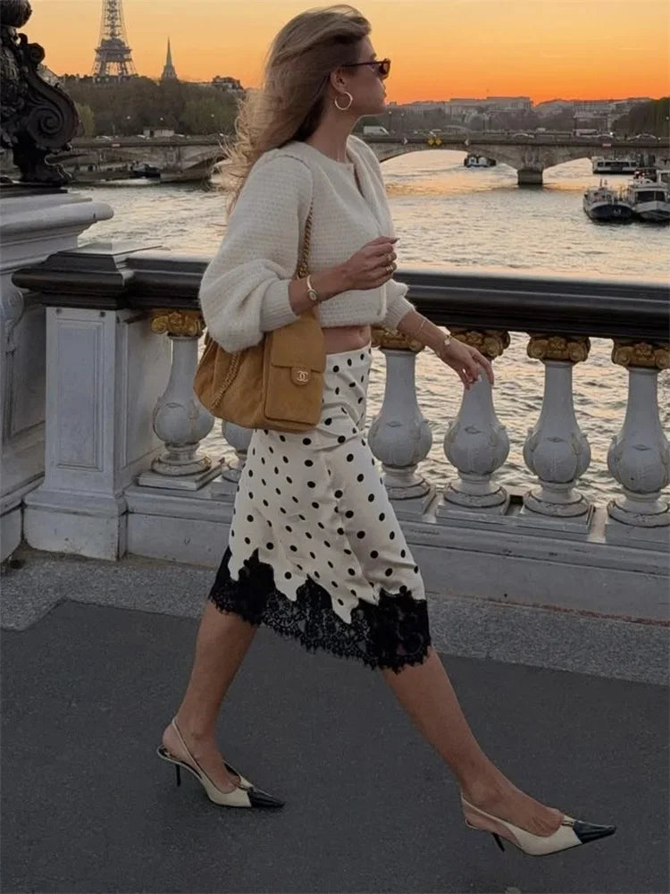 Women's Polka Dot Print Satin Skirt Sexy Lace Patchwork High Waist Skirts Chic Commute Street Party Lady Clothes for 2026 Summer
