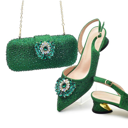 African Shoe and Bags Set for Wedding Nigerian Party Shoes and Bag Set Decorated with Rhinestone Elegant Heeled Pumps for Women