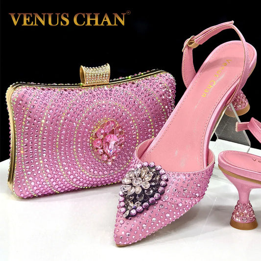Elegant Italian Design Pink Butterfly Shoes and Bag Set for Women - Perfect for Parties and Weddings