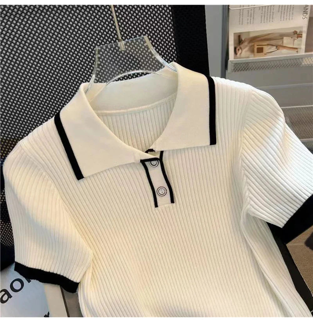 Ice silk knitted short sleeved T-shirt for women's summer 2024 new fashionable and stylish polo shirt top