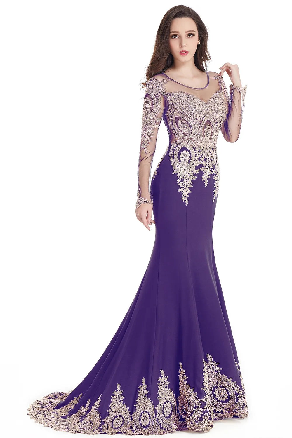 Prom Dresses Women Beading Long Sleeve Backless Elegant Lace Applique Formal Evening Party Gown For Bride Robe De Soirée