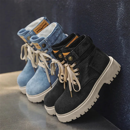 Breathable Men Boots Winter Denim Cloth Mens Ankle Boots Retro Work Boots Platform Men Casual Shoes Handmade High Top Shoes