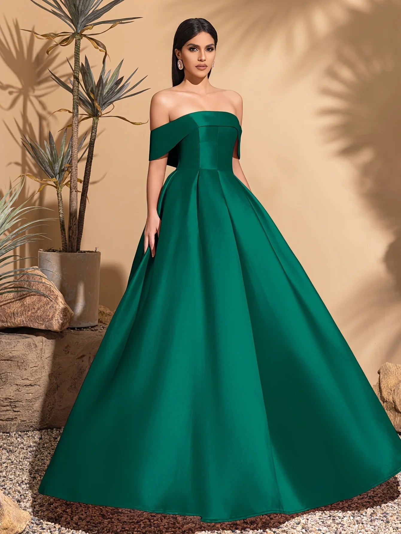 Off-the-shoulder satin dress with back tie, elegant and chic dress