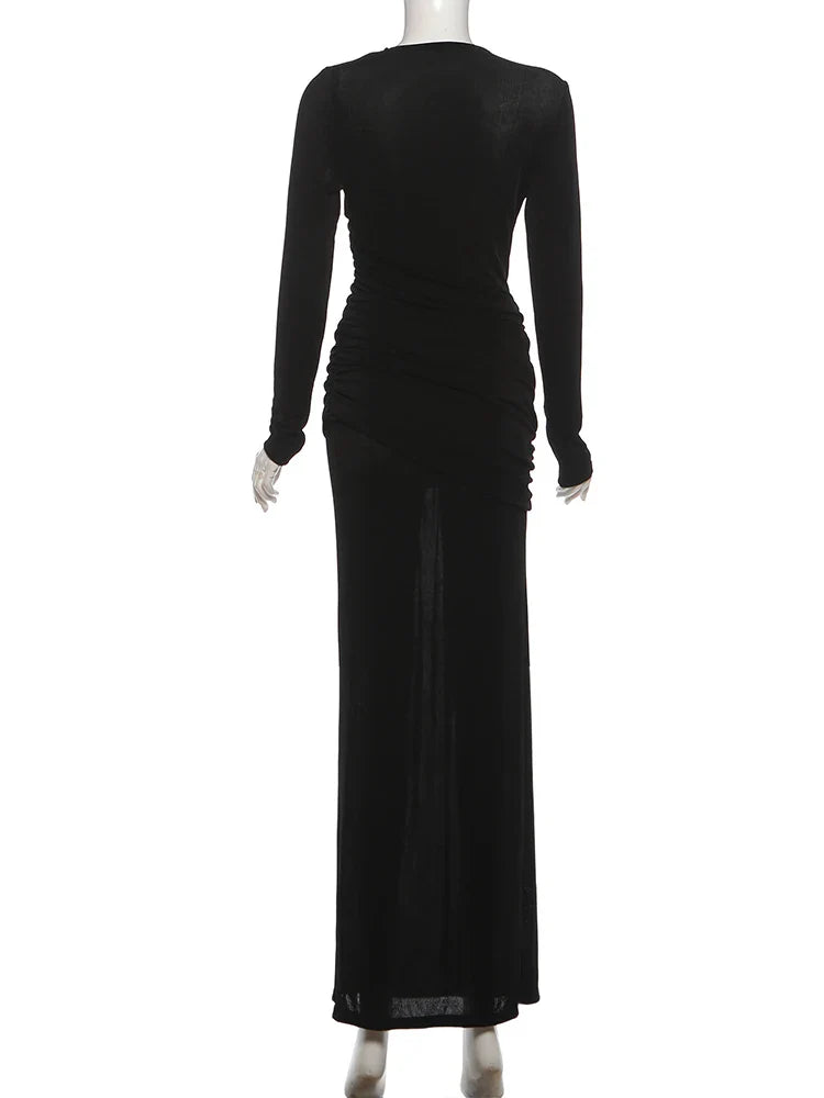 Folds Maxi Dress Women o-Neck Full Sleeve Solid Banquet Elegant Vacation Fashion Autumn Skinny Casual Simple Vestidos
