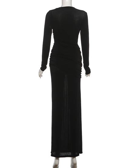 Folds Maxi Dress Women o-Neck Full Sleeve Solid Banquet Elegant Vacation Fashion Autumn Skinny Casual Simple Vestidos