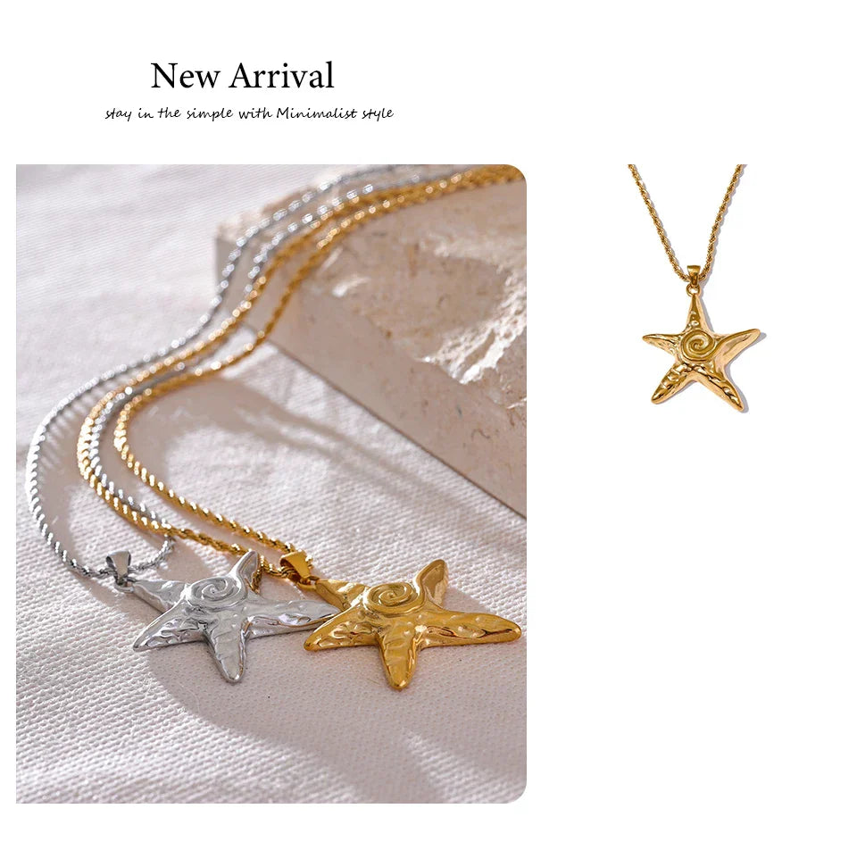 316L Stainless Steel Starfish Pendant Necklace Rust Proof Statement 18K Gold PVD Plated Individualistic Holiday Jewelry
