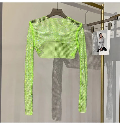 new sexy bright diamond short top Slim thin Ms. hot drill long-sleeved T-shirt sexy leak waist nightclub