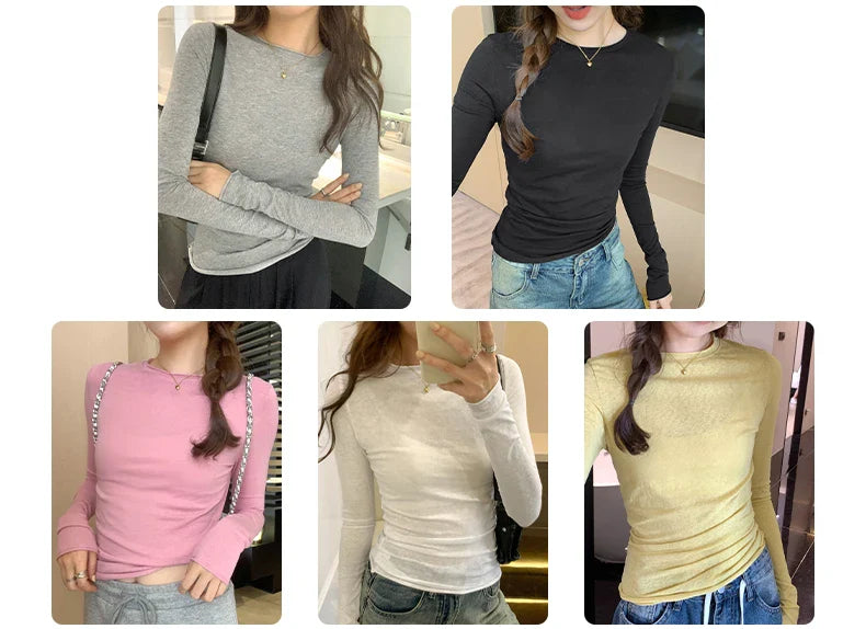 Spring Autumn T shirt Women Tops Solid Slim Fit Long Sleeve O Neck Tshirts Female Casual Streetwear High Quality Base Tees