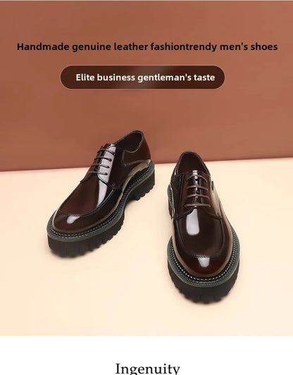 Spring and Autumn New Men's Business Casual Shoes Genuine Leather Thick Soled Round Toe British Formal Derby Shoes
