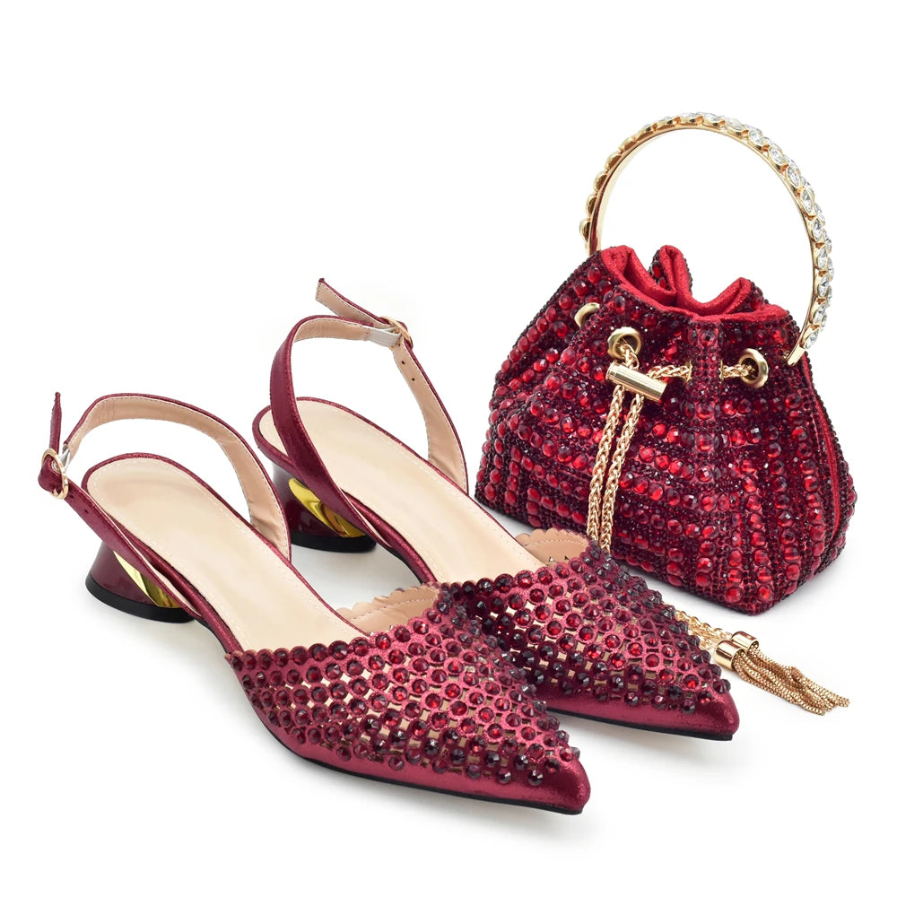 Fashion Italian Shoes with Matching Bags Set with Rhinestone African Shoes for Women Mid Heels Party Pumps Plus Size Heels 43