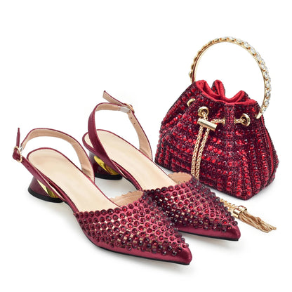 Fashion Italian Shoes with Matching Bags Set with Rhinestone African Shoes for Women Mid Heels Party Pumps Plus Size Heels 43