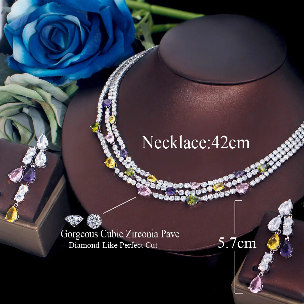 Shiny Colorful Cubic Zirconia 3 Rows Multi Layer Bridal Wedding Choker Necklace Earrings Jewelry Set for Women TZ784
