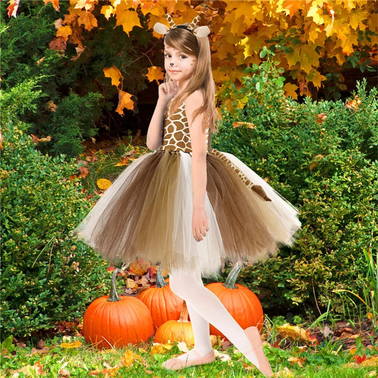 Novo Conjunto de Saia de Tule Roupa Infantil Cos Animal Alce Roupa de Halloween Vestido de Gatinho de Malha para Meninas Vestido para Apresentação Escolar