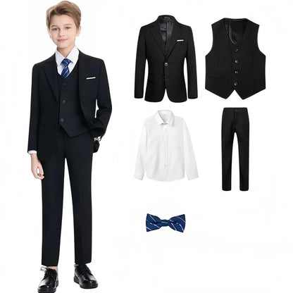 Notched Boy's Suit Set for Kids 3-14 Yrs, One Button Black Suit Jacket Vest Pants and T Shirt, Communion Tuxedo 4-Piece Suits