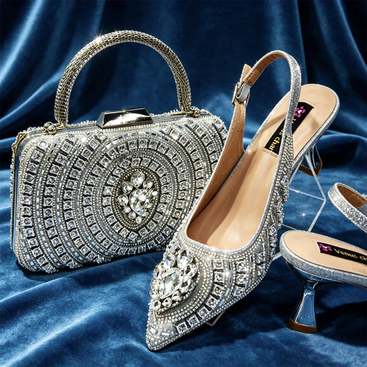 New Arrival Fashion Rhinestone Design Dreamy Color Pointed Toe Women High Heels and Bag Set For Party Wedding or Work