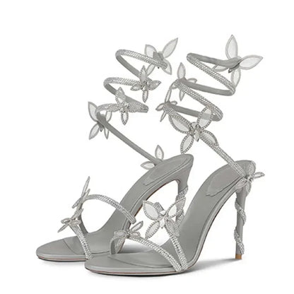 Street Style CRYSTAL Flower Thin Heels Banquet Prom Women Sandals Sexy Open Toe Narrow Band Ankle Strap Gladiator Shoes