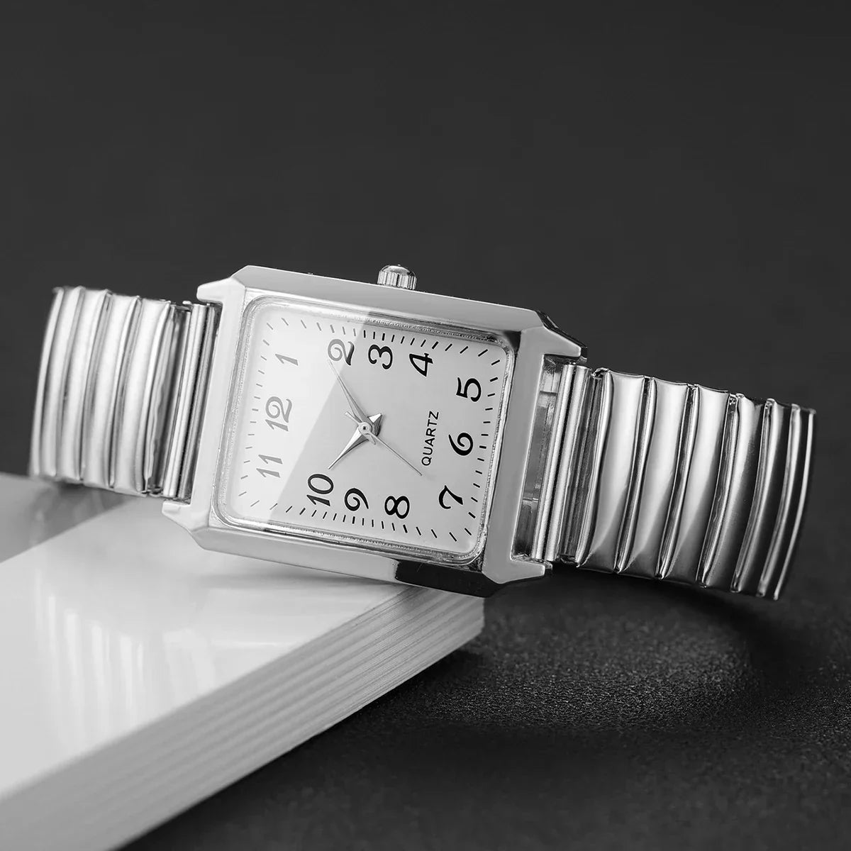 Fashion Rectangle Arabic Dial Women Watches  Casual Asual Elastic Strap Quartz Wristwatch for Ladies Relogio Feminino (No Box)