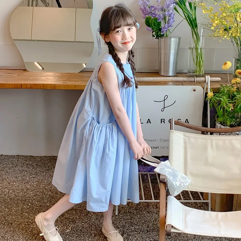 Summer Junior Girl Sleeveless Dress Solid Side Big Pockets Blue Ruched Dress For 2-10Y Girls Casual Round Collar Baby Girl Dress