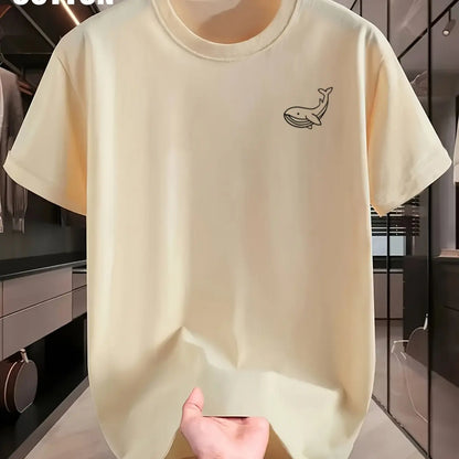 Men's Summer 100 Cotton Fashionable Casual Sports Loose Large Whale Pattern Printed Round Neck Short Sleeve T-shirt Top
