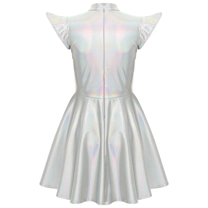 Womens Cocktail Dress Shiny Metallic Dress Alien Space Cap Sleeve High Waist A-line Dress for Halloween Party High Street Dress