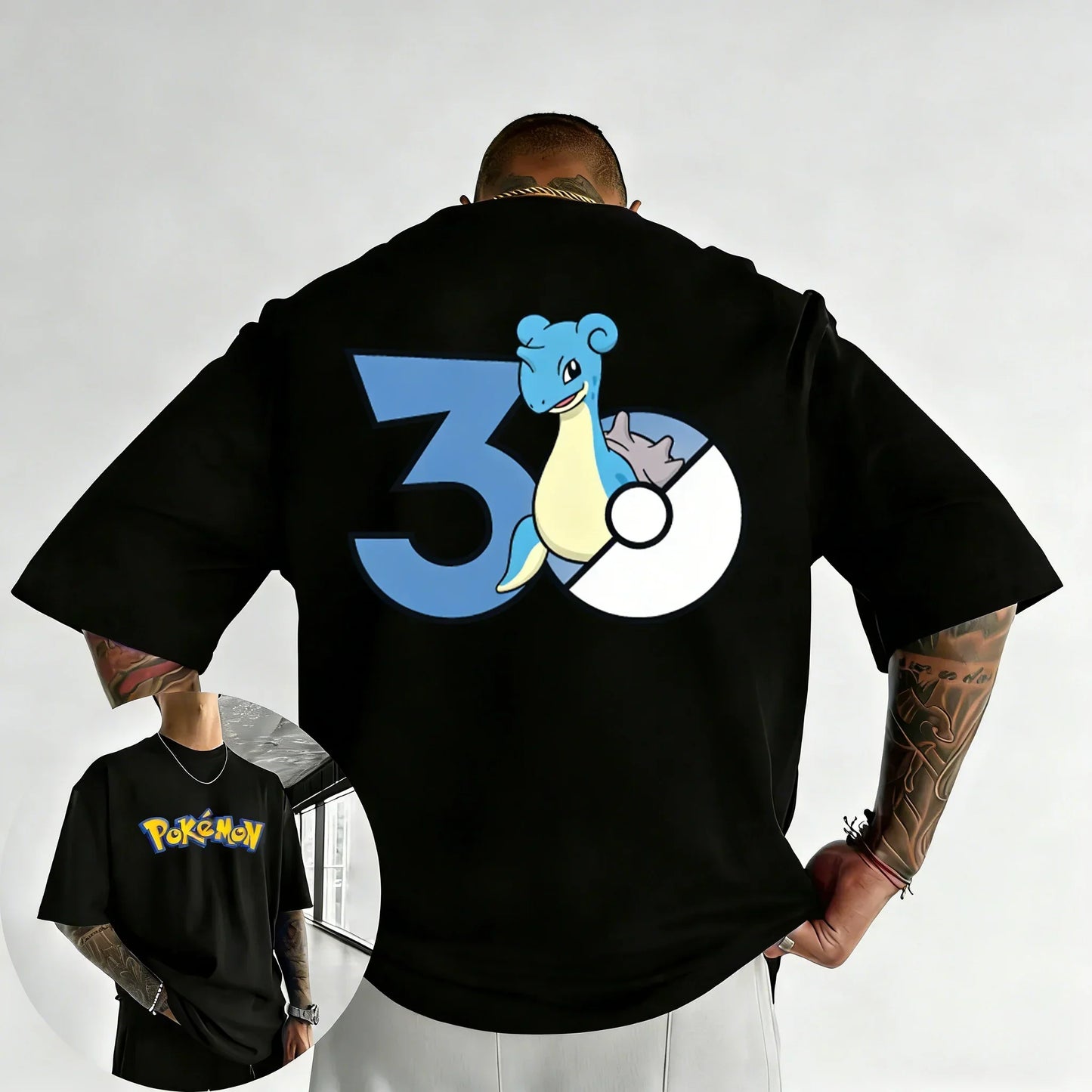 30th Anniversary Lapras Printed T-shirt Summer New Men's and Women's Trendy Large Loose Casual Y2K Short Sleeve Top