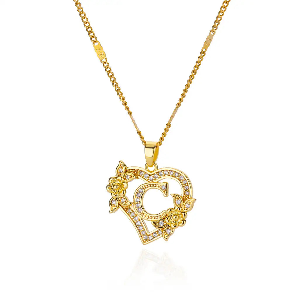 Flower Zircon Initial Heart Pendant Necklaces For Women 2024 Trend Stainless Steel Letter Necklaces Jewelry Best Friend Gifts