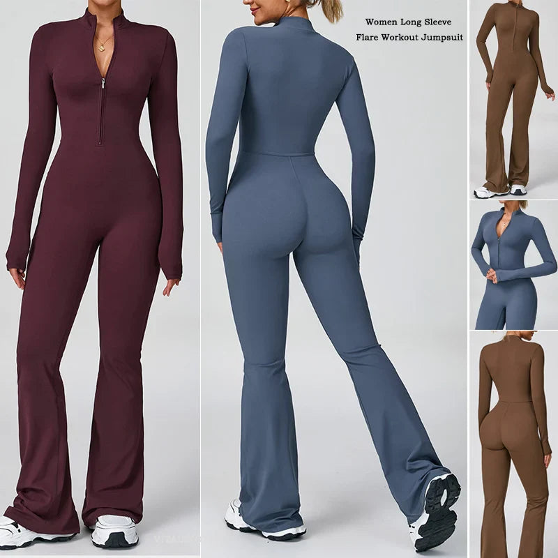VITALINOVO Women Long Sleeve Flare Workout Jumpsuit Zip Up Romper Bottom Pants Wide Leg Full Length Bodysuit Bodycon One Piece