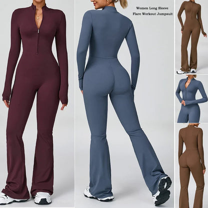 VITALINOVO Women Long Sleeve Flare Workout Jumpsuit Zip Up Romper Bottom Pants Wide Leg Full Length Bodysuit Bodycon One Piece
