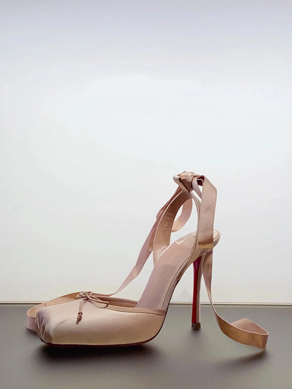 New style high heels with straps, satin toe cover, hollow square bow, thin heel, ballet style single shoes35-46