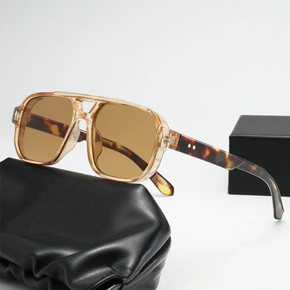 Vintage Double Bridges Men Square Sunglasses Fashion Green Ocean Lens UV400 Eyewear Women Trending Rivets Sun Glasses