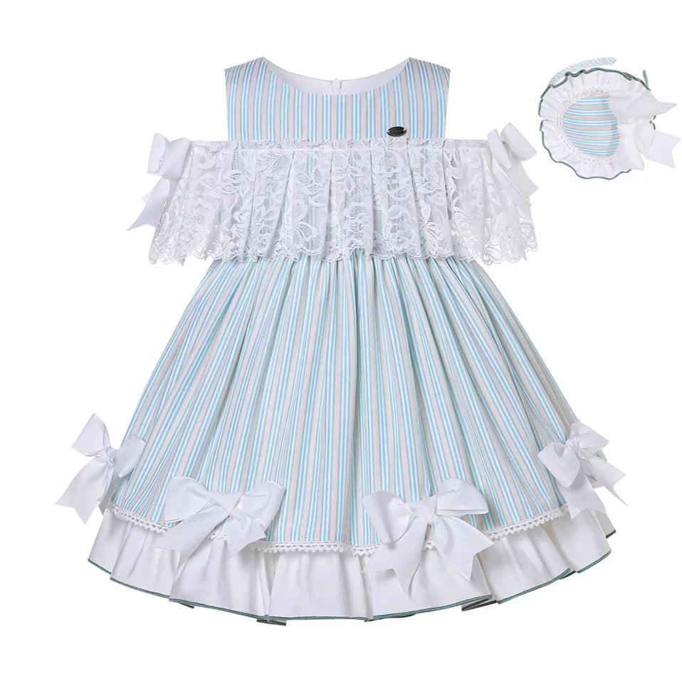 Pettigirl Vestido Casual Infantil Meninas Festa Casamentos Madrinha Princesa Listrado Azul Verão Roupas Infantis 2 a 12 anos