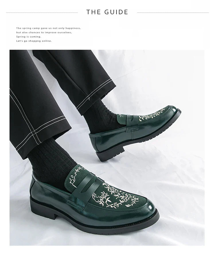 Green Embroidered Man Formal Shoes Autumn Men's Loafers Shoes High Quality Casual Leather Shoes for Men chaussure hommes cuir